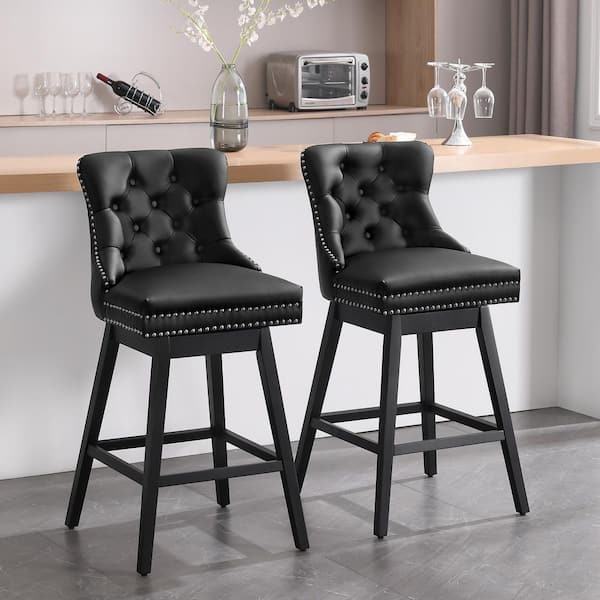 Hochwertiges 26 in. Black Faux Leather Upholstered Solid Wood Frame Counter Height Swivel Counter Stool (Set of 2)