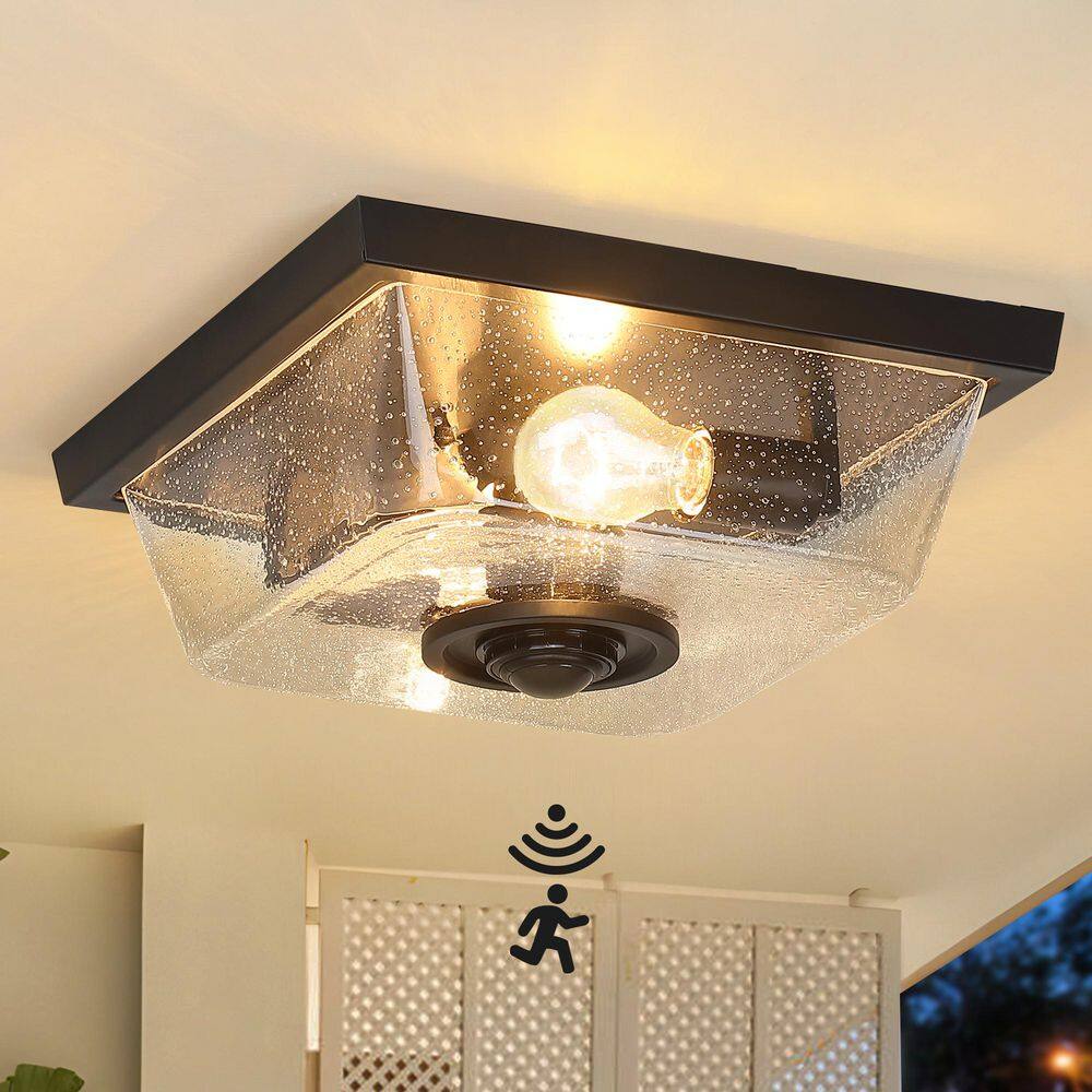 12.2 in. 2-Light Matte Black Motion Sensing Outdoor No Bulb Included Flush Mount Ceiling Light with Clear Seeded Glass price history on PriceWatchPro