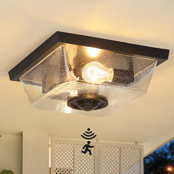 12.2 in. 2-Light Matte Black Motion Sensing Outdoor No Bulb Included Flush Mount Ceiling Light with Clear Seeded Glass