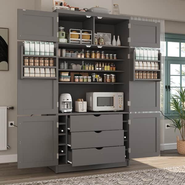 TOPMAX Grey Shaker Style Kitchen Pantry with Power Outlets & Adjustable Shelves