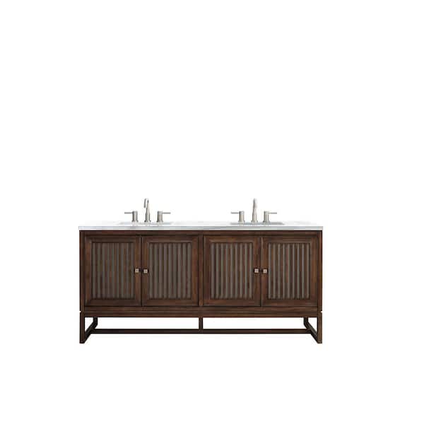 James Martin Vanities Athens 72 in. W x 23.5 in. D x 34.5 in. H Bath Vanity in Mid Century Acacia with Artic Fall Solid Surface Top