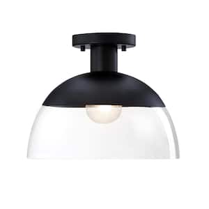 Rey 13 in. 1-Light Matte Black Modern Semi Flush Mount with Clear Glass Shade for Bedrooms