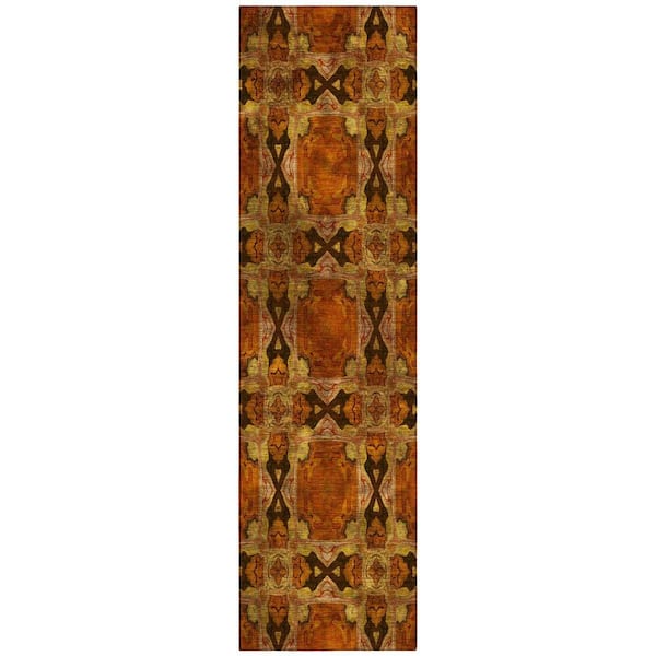 Orange and Rust 2 ft. x 8 ft. Woven Floral;Medallion Runner Indoor/Outdoor Area Rug
