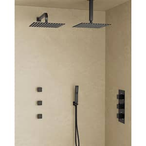 Thermostatic Valve 8-Spray 12 x 12 in. Wall Mount Dual Shower Head and Handheld Shower with 3-Jets in Matte Black