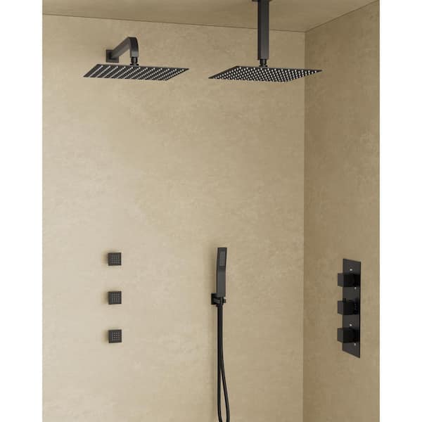YAWWALK Thermostatic Valve 8-Spray 12 x 12 in. Wall Mount Dual Shower Head and Handheld Shower with 3-Jets in Matte Black