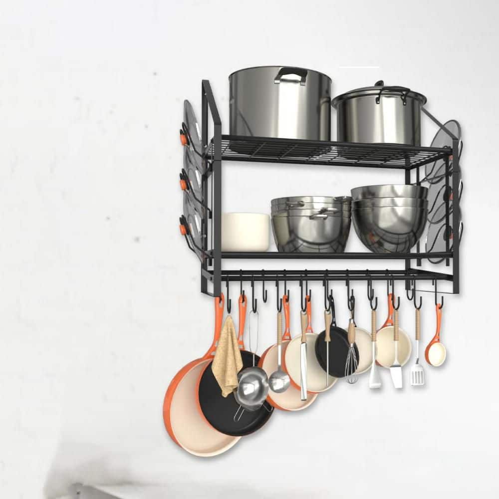 28 in. 2-Tier Wall Mounted Black Pot Rack with Hooks, Lid Holders, Heavy Duty Cookware Organizer for Kitchen Storage price history on PriceWatchPro