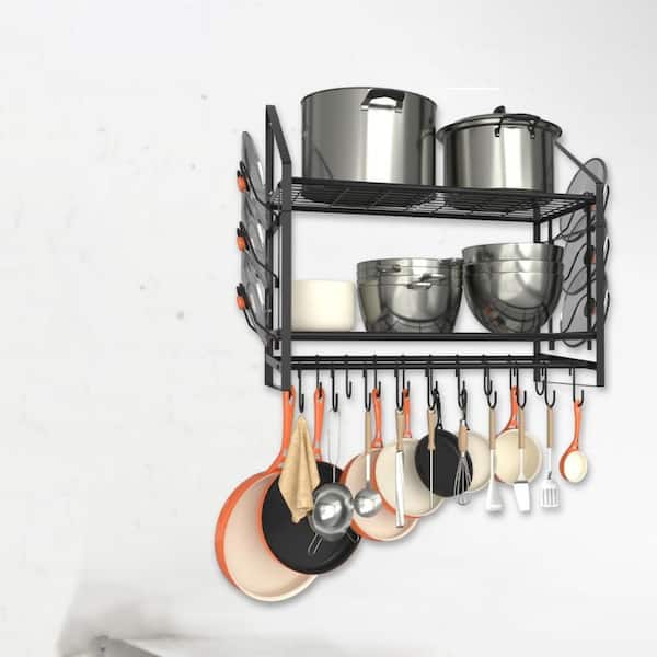 28 in. 2-Tier Wall Mounted Black Pot Rack with Hooks, Lid Holders, Heavy Duty Cookware Organizer for Kitchen Storage