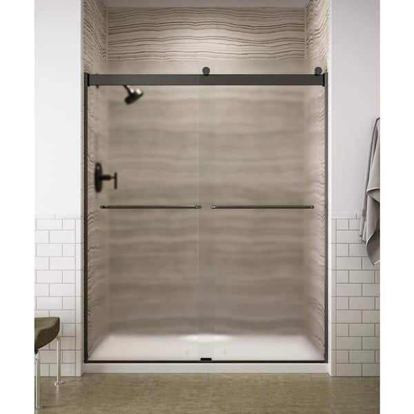 KOHLER Levity 56-60 in. W x 74 in. H Sliding Frameless Shower Door in Matte Black with Towel Bar