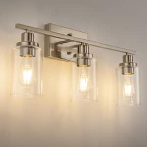 24 in. 3-Light Industrial Brushed Nickel Vanity Light Fixtures for Bathroom with Clear Glass Shades