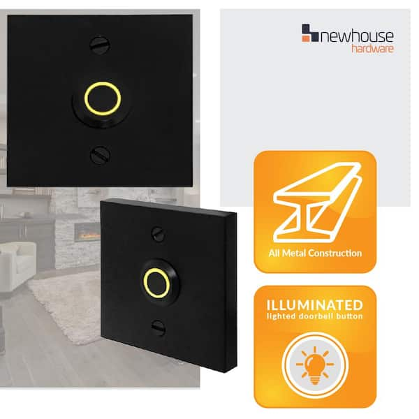 Newhouse Hardware Wired Metal Square Surface Mount Doorbell Chime Push Button with LED Button Light in Black, Door Bell Button Only