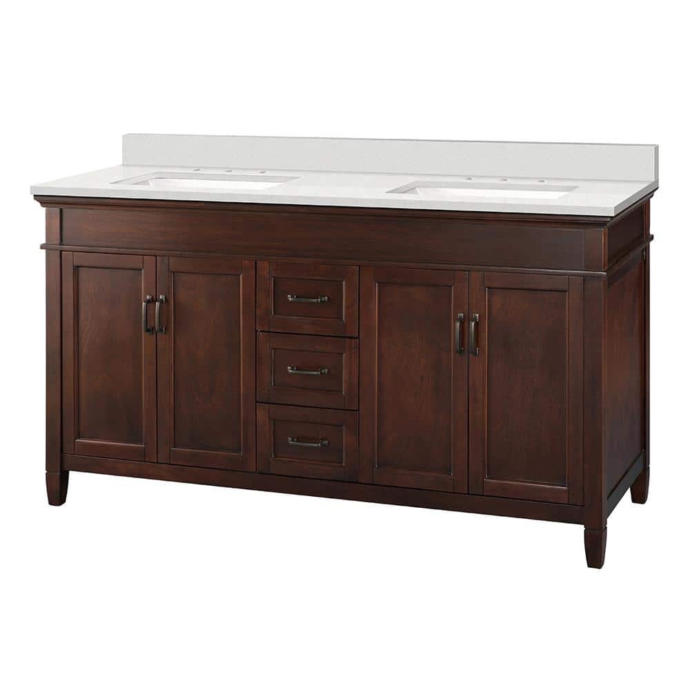 Home Decorators Collection Ashburn 61 in. W x 22 in. D Vanity Cabinet in Mahogany with Engineered Marble Vanity Top in Snowstorm with White Basin, Brown -  ASGA6021D-SST