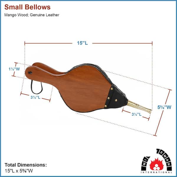 Small 1-Piece Classic Fire-Starting Bellow, 15 in. Long, Natural Wood, Black and Brass, Fireplace Tool Set
