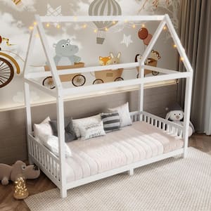 White Twin Size Wood House Bed Low Platform Bed Kids Bed with Guardrail and LED