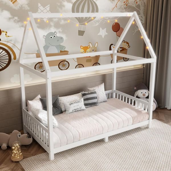 Harper & Bright Designs White Twin Size Wood House Bed Low Platform Bed Kids Bed with Guardrail and LED