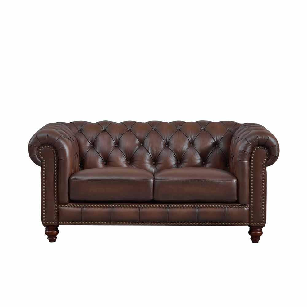 Hydeline Alton Bay 68 in. Caramel Brown Solid Leather 2-Seater Loveseat ...