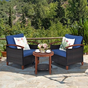 3-Pieces Patio Wicker Rattan Conversation Set Outdoor Furniture Set with Blue Cushion