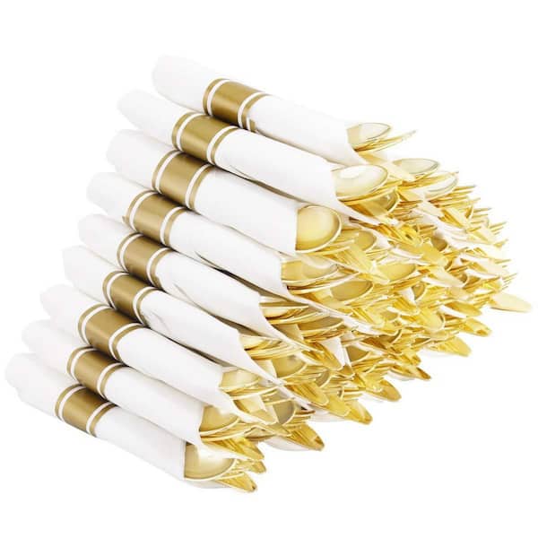 240-Piece Gold Wrapped Plastic Cutlery Set with Napkins (Service for 60)