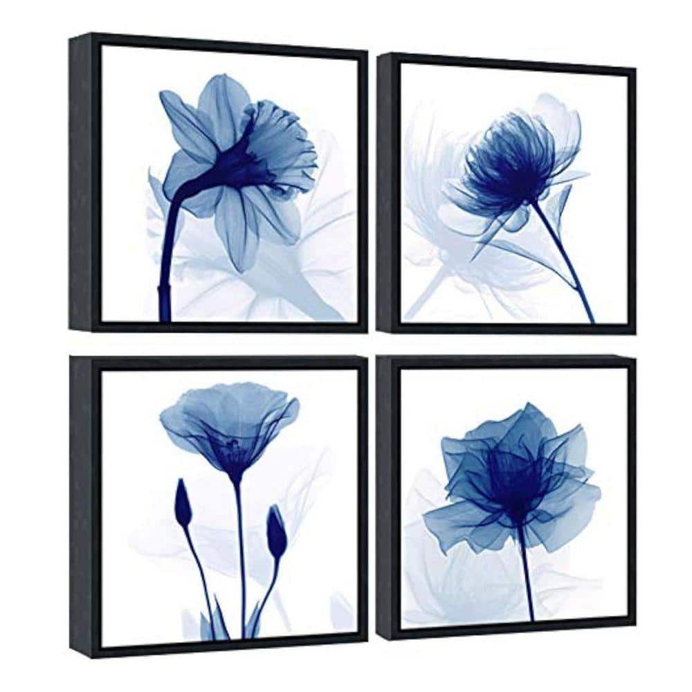 12 in. x 12 in. 4-Panel Black Framed Blue Flickering Flower Modern ...
