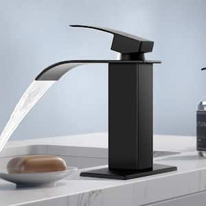 Waterfall Spout 1-Handle Low Arc 1-Hole Bathroom Faucet with Deckplate and Pop-up Drain in Matte Black