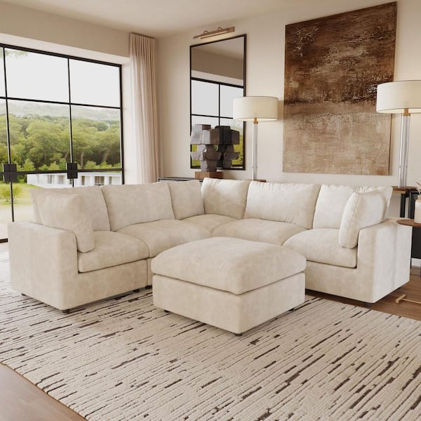 100 in. Square Arm 6-Piece Chenille L-Shaped Modualr Sectional Sofa with Detachable Covers, Ottoman in Beige for Office