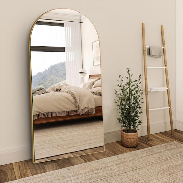 LuxHomez 28 in. W x 71.5 in. H Oversized arched wooden classic full-length gold wall-mounted/standing mirror wall mirror
