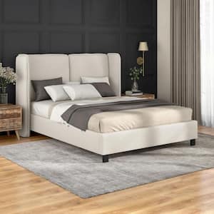 Haley Boucle Beige Wood Frame Queen Platform Bed With Upholstered Headboard