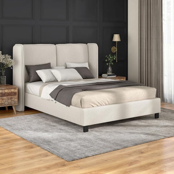 Furniture of America Haley Boucle Beige Wood Frame Queen Platform Bed With Upholstered Headboard