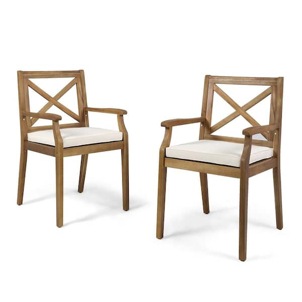 Unbranded Classic Teak Acacia Wood utdoor Dining Chair with Water-Resistant Fabric Beige Cushions (2-Pack), Easy Assembly