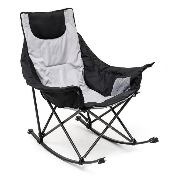 Mondawe Gray 1-Piece Metal Outdoor Rocking Beach Chair Camping Lounge Chair with Handy Side Pocket and Removable Pillow