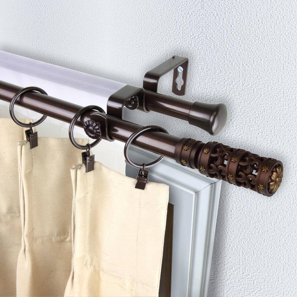Cocoa Bronze Adjustable Double Curtain Rod Set with Finials