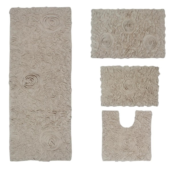 Bell Flower Collection 100% Cotton Tufted Bath Rug, 4-Pcs Set with Contour-Linen