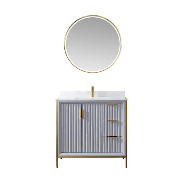 ROSWELL Granada 36 in. W x 22 in. D x 33.8 in. H Single Sink Bath Vanity in Grey with White Stone Countertop and Mirror