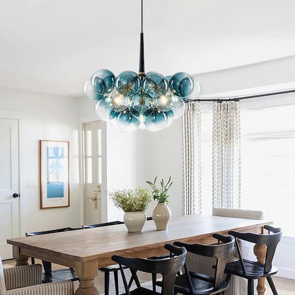 Alma 6-Light 24.8 in.W Brass and Black Cluster Bubble Chandelier with Blue Tinted Glass for Nursery (LED Bulbs Included)