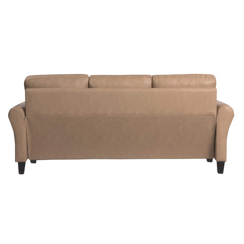 Brown Faux Leather Sofa with Rolled Arms and Wood Legs