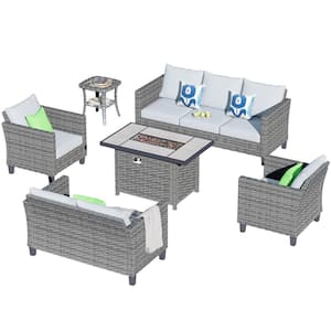 New Star Gray 6-Piece Wicker Patio Rectangle Fire Pit Conversation Seating Set with Gray Cushions