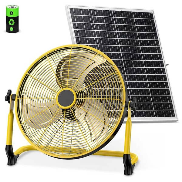 14 Solar Floor Fan Portable Cordless Camping Fan with Brushless Motor Metal Blade USB Charge 30 W Solar Panel