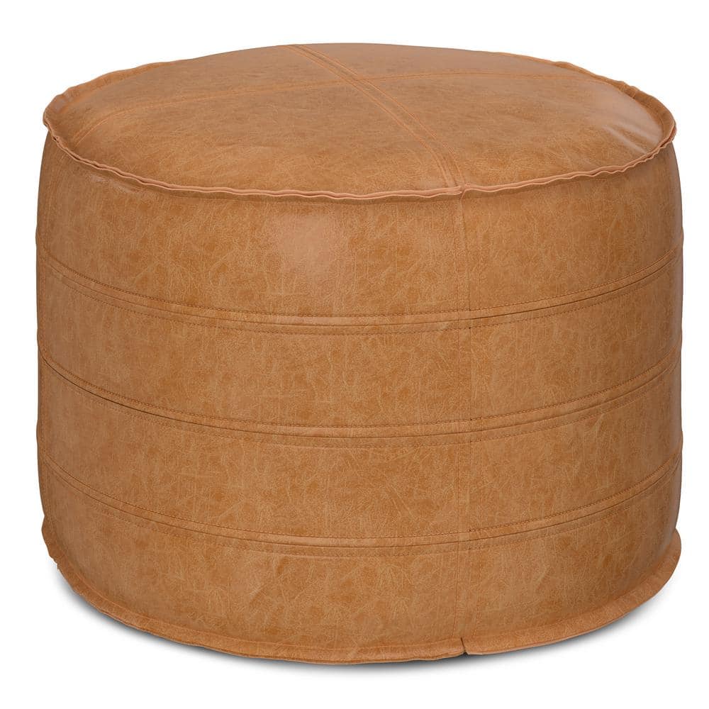 Brody 20" Round Distressed Brown Vegan Faux Leather Pouf