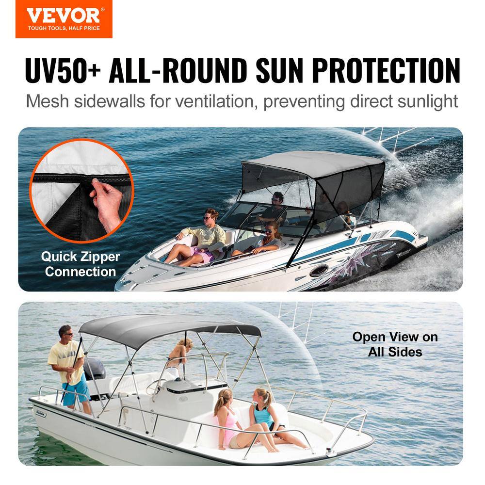 Light Grey 4 Bow Bimini Top Boat Cover with Mesh Sidewalls