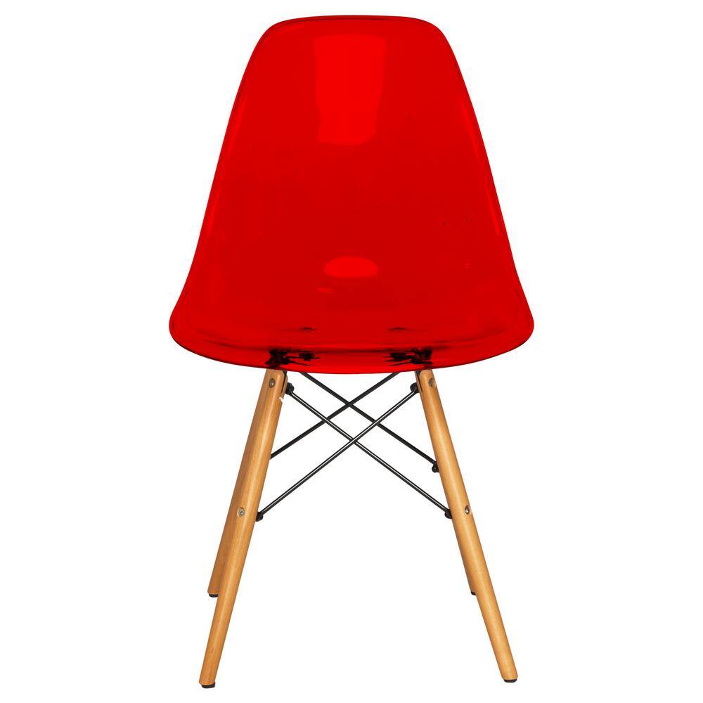 Transparent Red Molded Plastic Side Chair with Wooden Legs