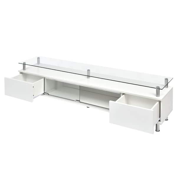 Unbranded 67.3 in. W x 13.7 in. D x 16.5 in. H Tempered Glass TV Stand White Linen Cabinet with Glass Door and Drawers