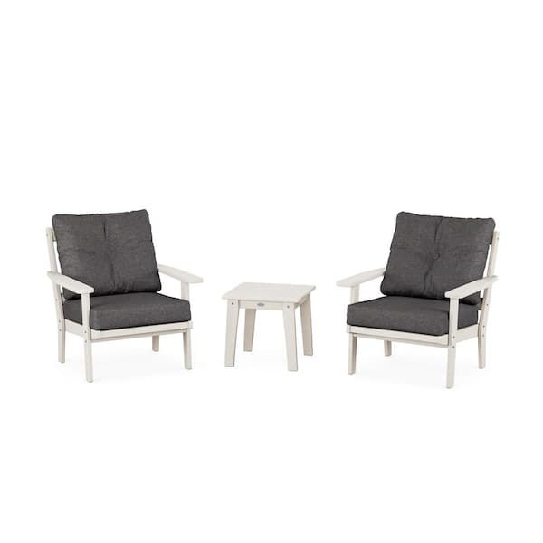 POLYWOOD Prairie 3-Pcs Plastic Patio Conversation Set in Sand/Ash Charcoal Cushions
