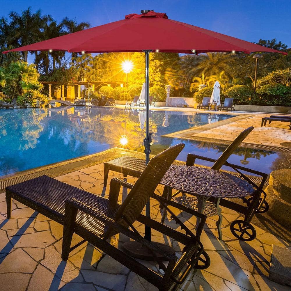 Burgundy 9ft Steel Solar LED Patio Umbrella with Crank