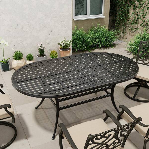 Mondawe 72 in. W x 42 in. D Black Cast Aluminum Outdoor Patio Grid Style Tabletop Oval Dining Table with Umbrella Hole MO LD4272TYDT The Home Depot