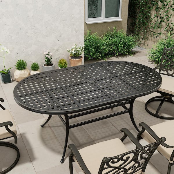 72 in. W x 42 in. D Black Cast Aluminum Outdoor Patio Grid Style Tabletop Oval Dining Table with Umbrella Hole