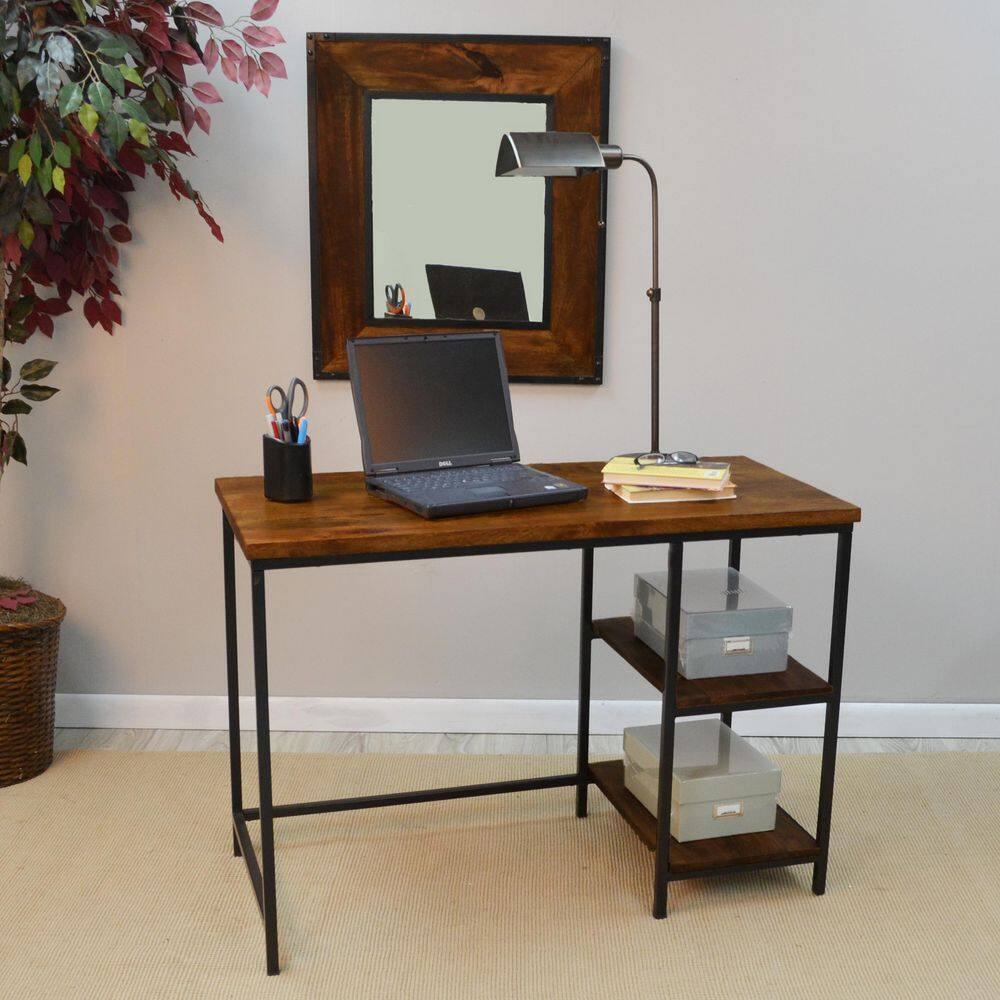 Chestnut Brown Mango Wood and Black Metal Desk with Shelves