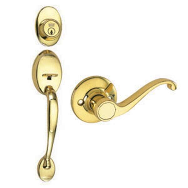 Design House Coventry Polished Brass Door Handleset with Single Cylinder Deadbolt, Scroll Lever Interior and Universal 6-Way Latch