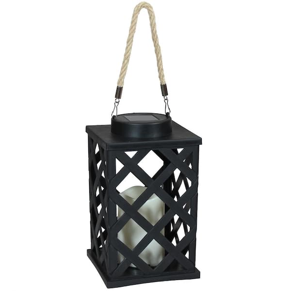 Sunnydaze 9 in. Modern Crosshatch Black Solar LED Candle Outdoor Lantern
