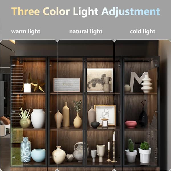 FUFU&GAGA Black Wood Display Cabinet With Tempered Glass Doors and 3-Color  LED Lights KF020275-01-c - The Home Depot