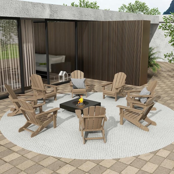 WESTIN OUTDOOR Addison Weathered Wood 8-Piece Plastic Folding Outdoor Patio Fade Resistant Adirondack Conversation Chair Set
