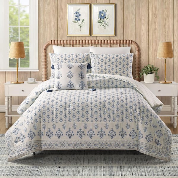 Peeples Song 3-Piece Blue Floral Cotton Full/Queen Comforter Set